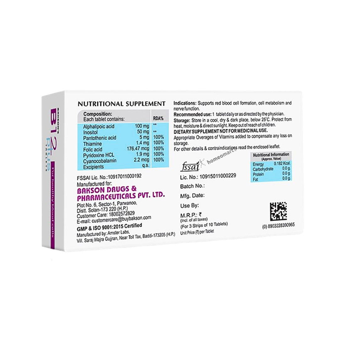 Bakson's B-12 Plus Tablets - Multivitamin with B Complex, Inositol, and Alpha Lipoic Acid - Golden-Patel Son
